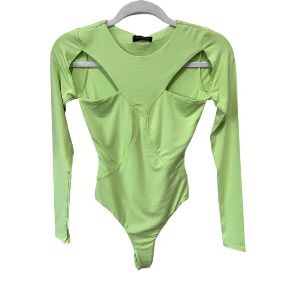 Naked Wardrobe Bodysuit Lime Green Long Sleeve Lined Cut Out Size XS NWT - Picture 2 of 16